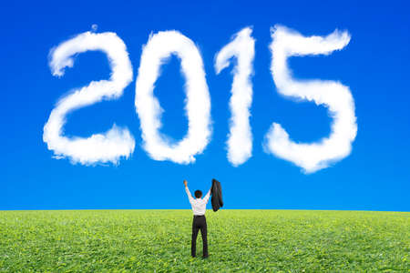 Businessman cheering for 2015 year cloud shape with blue sky grass background