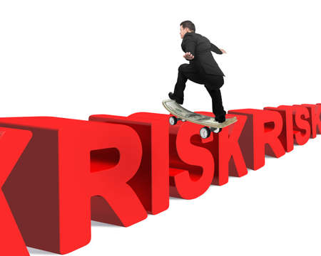 Businessman skating on money skateboard across red risk 3D word with white background