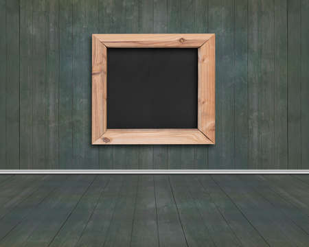 Wood frame of blank blackboard with dark green wooden wall and floor background