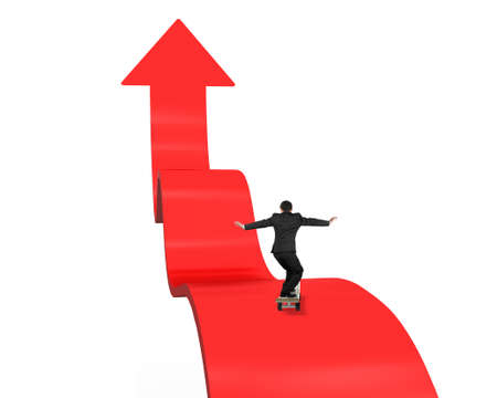 Businessman skateboarding on red arrow pointing up with white backgroundの写真素材