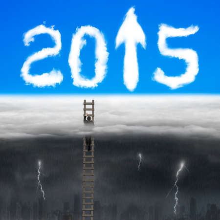 Businessman climbing on wooden ladder for white 2015 year arrow up sign shape clouds in the sky with opposite weather conditions background, blue sky cloudscape, dark overcast lightning raining cityscapeの写真素材