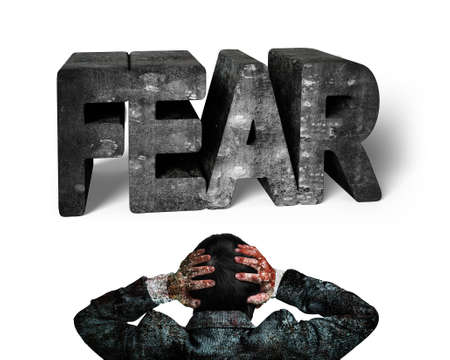 Rear view businessman hands holding his head facing 3D fear mottled concrete word with dirty body isolated on white backgroundの写真素材