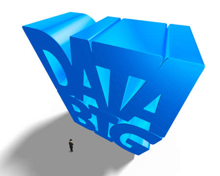 Big data 3D huge blue word with small businessman, high angle viewの写真素材