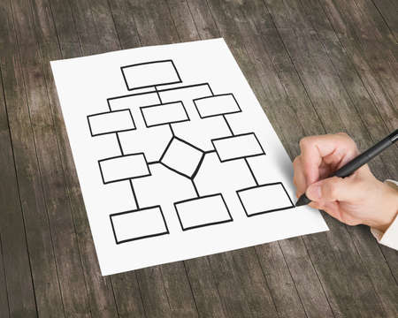 Man hand using pen drawing blank organization chart, on brown wood plank wall backgroundの写真素材