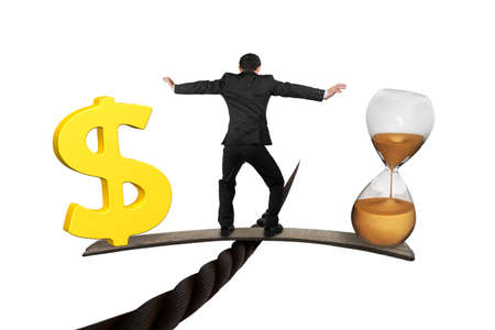 Man standing on wood board between hourglass and golden dollar sign, balancing on wire, isolated on white. Time is money concept. Man standing on wood board between hourglass and golden dollar sign, balancing on wire, isolated on white. Time is money concept.