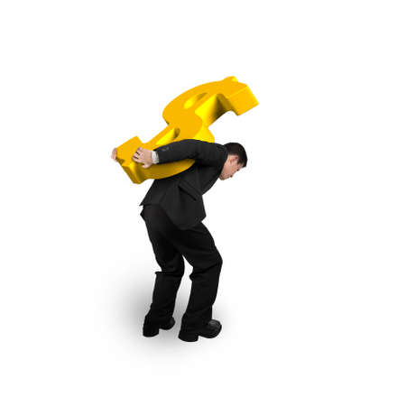 Business man carrying big 3D gold dollar sign, isolated on white backgroundの写真素材