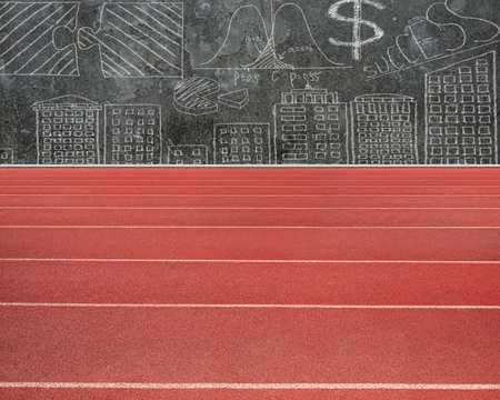 Running track, with business concepts doodles concrete wall.