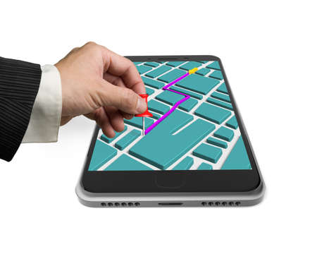 Touchscreen smartphone with GPS navigation application, hand holding red pushpin marked on map, isolated on white.の写真素材