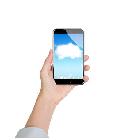 Woman hand holding smart phone with white cloud application, front view, isolated on white.の写真素材