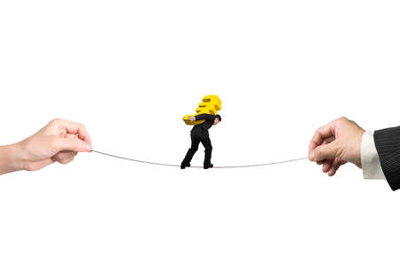 Businessman carrying golden euro sign, balancing on tightrope with man and woman hands holding two...
