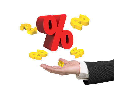 Man hand showing 3D red percentage sign with golden dollar signs, isolated on white.