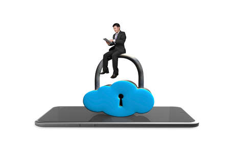 Businessman sitting on cloud shape lock with smart tablet, isolated on white.の写真素材
