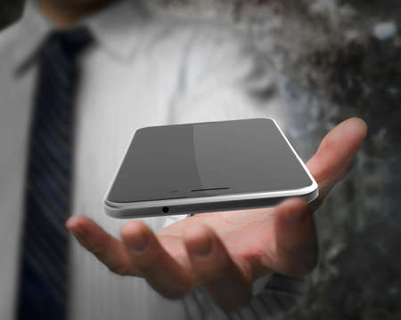 Business man hand holding smart phone with black touchscreen