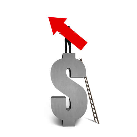 Man holding red arrow up sign, standing on concrete dollar sign, isolated on white.の写真素材