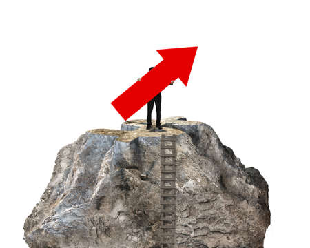 Man holding red arrow up sign, standing on top of dollar symbol shape mountain peak, with white background.の写真素材