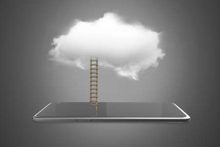 Smart tablet with wooden ladder connected white cloud, on gray background.