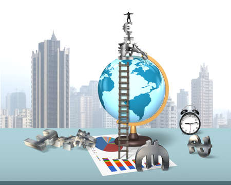 Businessman balancing stack money symbols on terrestrial globe, with wooden ladder on the table.の写真素材