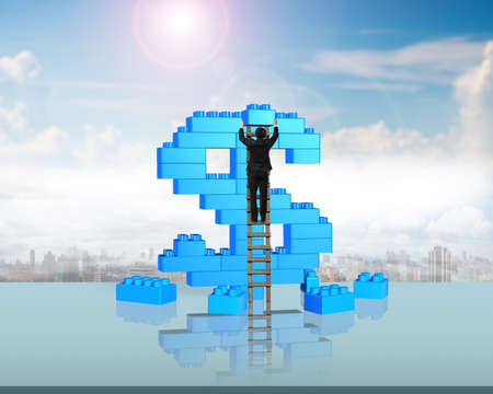Businessman climbing ladder and holding a blue block to complete dollar sign shape of stack blocks,...