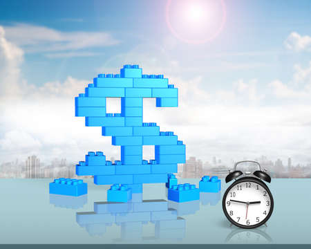 Dollar sign shape of stack blocks with alarm clock on table, with sun sky cityscape background.