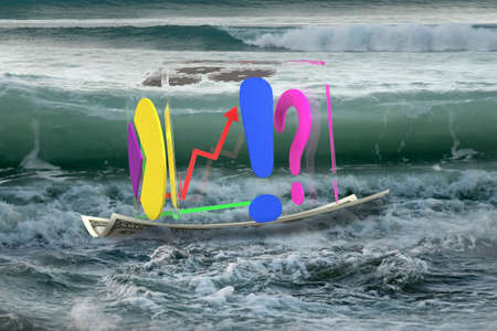 3D glass transparent cube of business graphs on money boat in the ocean with oncoming wave