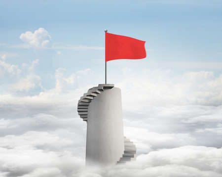 Red wavy flag on high tower top with spiral trail stairs, clouds, blue sky