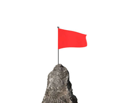 Red wavy flag on top of rocky mountain peak with white backgroundの写真素材