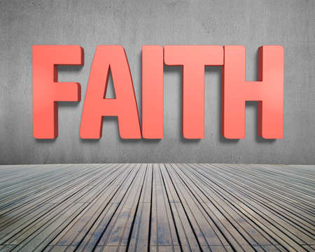 Faith red word on concrete wall with wooden floor indoors background.の写真素材