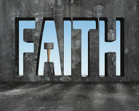 Faith word on concrete wall with sledge hammer and view of blue sky background.の写真素材