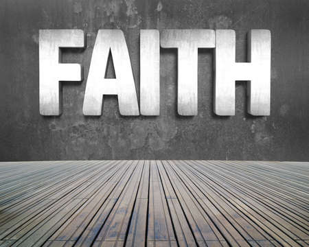 Faith word on concrete wall with wooden floor indoors background.の写真素材