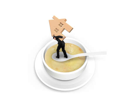 Man carrying wooden house and balancing on spoon in the soup, isolated on white background.の写真素材