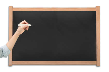 Woman hand holding chalk with blackboard, isolated on white background.の写真素材