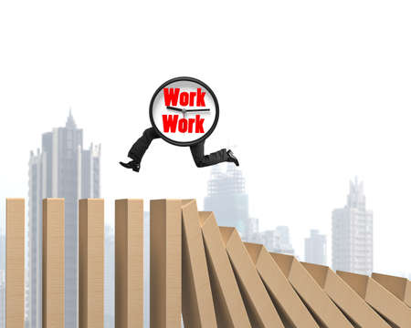 Alarm clock with legs and work words on clock face, running on falling wooden dominoes, with city skyscrapers background.の写真素材