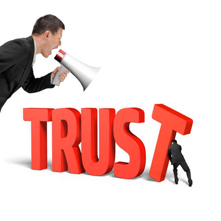 Small man pushing last T of trust word together, with big man holding speaker shouting, isolated on white background.の写真素材