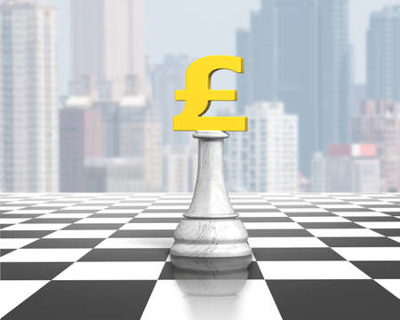 Money chess of golden pound currency on chessboard, with city buildings background.の写真素材