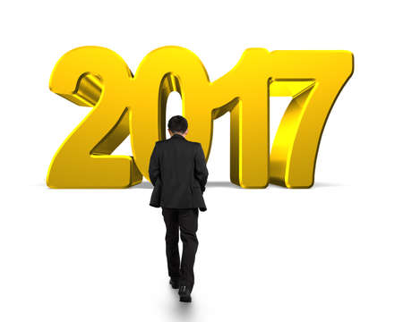Man walking toward 2017 year, golden number, isolated on white background.