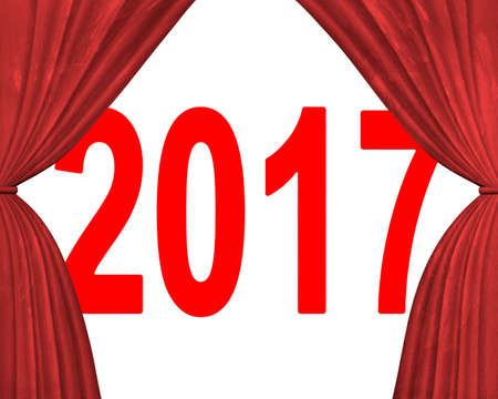 2017 happy new year concept, red numbers with stage curtains, 3D illustration.