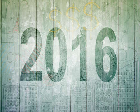 2016 year pass concept, dark green number on old doodles wooden wall background.の写真素材
