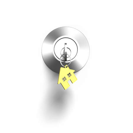 Door lock and key with house shape keyring, isolated on white background, 3D illustration.の写真素材