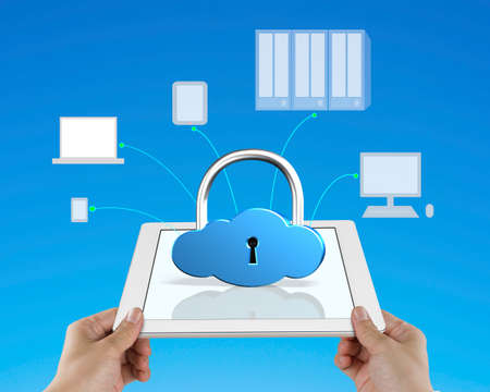 Cloud computing security concept, lock on tablet with drawing