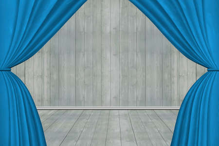 Blue stage curtains, on old wooden wall and floor background,3D illustrationの写真素材