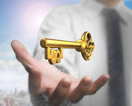 Man palm holding dollar shape golden treasure key.の写真素材