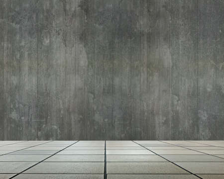 Empty room interior with old dirty wooden wall and stone floor for background texture.