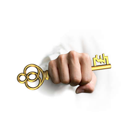 Hand holding big golden treasure key in pound symbol shape, isolated on white background.の写真素材