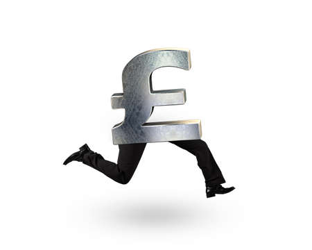 Pound money symbol with human legs running, isolated on white background.の写真素材