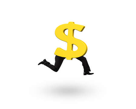 Dollar money symbol with human legs running, isolated on white background.の写真素材