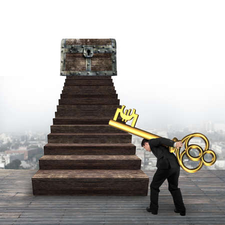 Man carrying Euro sign key and walking toward the treasure chest on top of wood stairs.の写真素材