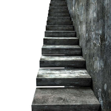 Old dirty concrete stairs with wall, isolated on white background, 3D rendering.の写真素材
