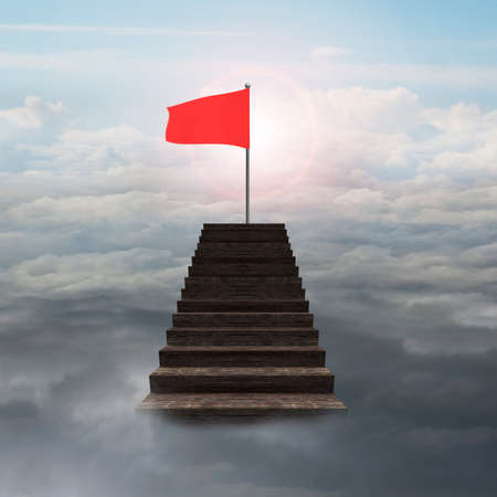 Red wavy flag on top of wooden stairs, with sun sky cloudscape background.の写真素材
