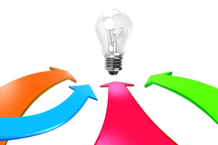 Four color arrows go toward light bulb, isolated on white background, 3D rendering.の写真素材