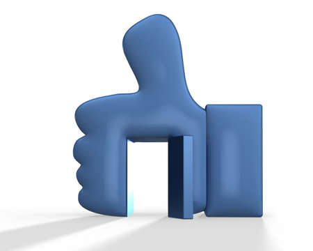 Blue thumb up with open door, 3D rendering, isolated on white.